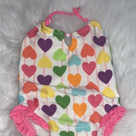 Girls Swimsuit WonderKids 1 Pc Pink Heart Beaded Bathing Swim Suit - Picture 4 of 8